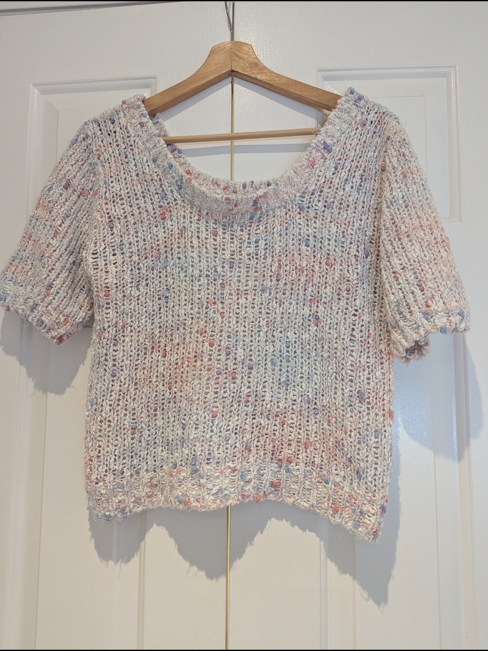 Vintage Savannah Crochet Knit Sweater Pastel Pink Lavender Coastal Festival Y2K
